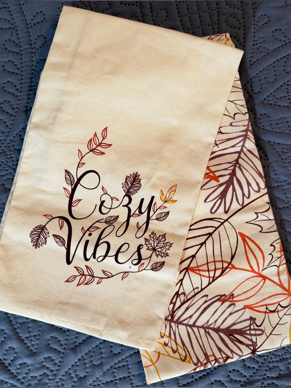Set of 2 Autumnal Cotton Kitchen Tea Towels “Cozy Vibes” & Fall Leaves NWT